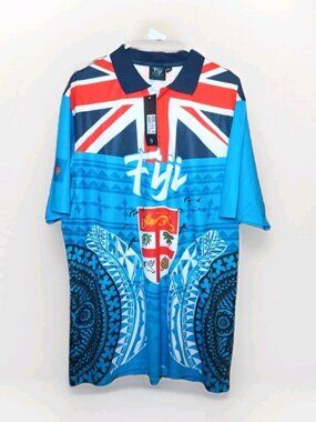 Fiji Sevens Rugby Polo Shirt Men's 2XL Blue Short Sleeve Ocean Print NWT